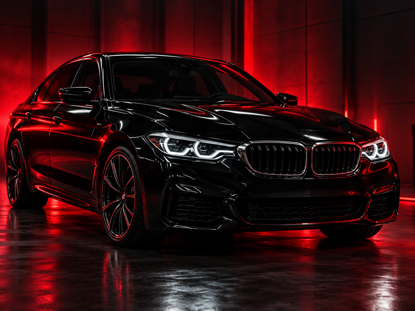 Dark premium car with red lighting in the workshop